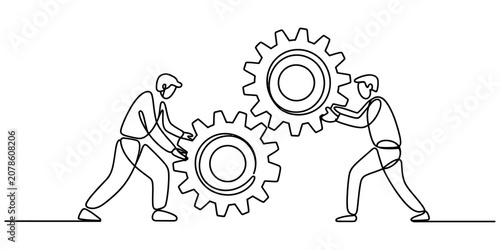 Bild auf Leinwand Two people working together to turn large metal gears in a continuous single lin