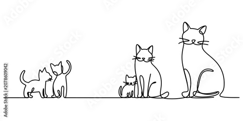 Tableau sur toile Continuous single line drawing of a family of cats with kittens standing and sit
