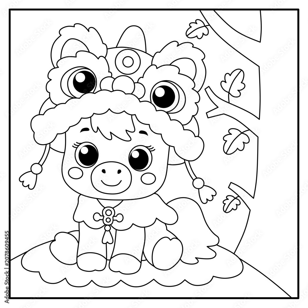 Obraz premium Cute horse coloring page wearing lion dance costume. Chinese New Year celebration vector for kids