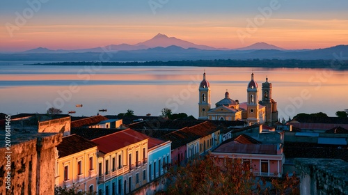 Colonial Twilight: Golden Hour Glow Over Historic Granada and Lake Nicaragua