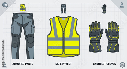 Gray armored pants vector with helmet and high-visibility safety vest illustration.