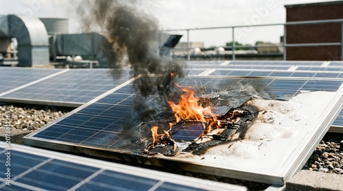 Solar panels burning on rooftop with smoke and flames rising high