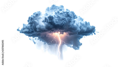 A highly detailed dark cumulonimbus thundercloud isolated on transparent background, dramatic electric lightning bolt striking downward, realistic cloud textures, weather icon.