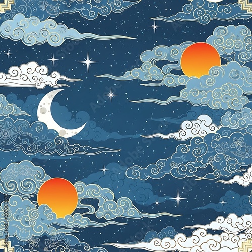 Stylized Night Sky with Crescent Moon and Sun Illustration.