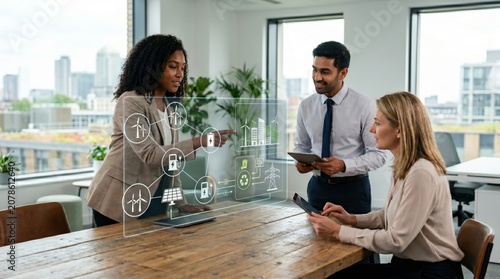Diverse business team discussing renewable energy solutions with transparent hologram display, sustainability meeting, green power strategy, wind turbine and solar panel icons