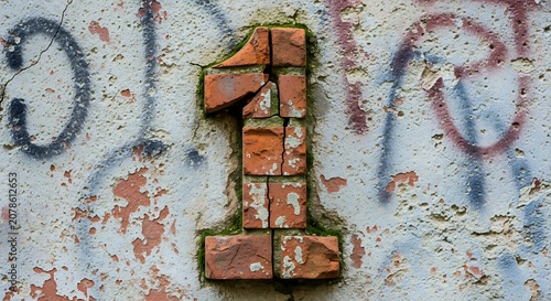 A close-up of a weathered wall with a prominent number one made of bricks