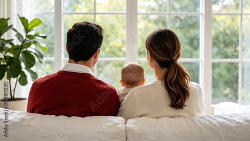 Back view of a happy young family with parents holding their baby while sitting on a sofa looking through a large window at green nature outdoors in a cozy living room interior.