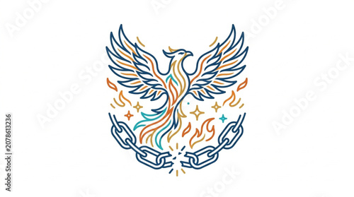 Canvas Print Phoenix bird rising from broken chains with colorful flames and stars