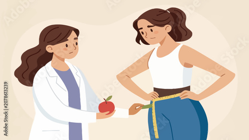 Nutritionist consulting woman measuring waist for weight loss plan with nutritionist consulting measuring healthcare consultation wellness nutrition lifestyle dietitian professional guidance