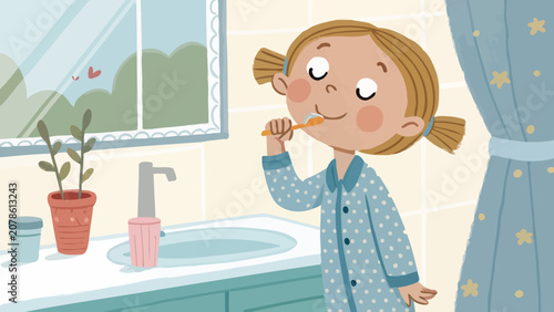 Little girl brushing teeth in bathroom morning routine with brushing bathroom toothbrush wellness lifestyle selfcare illustration activity healthier sanitation washroom childhood grooming