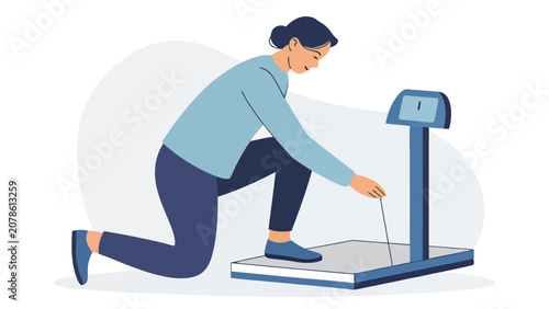 Woman using bathroom scale to measure body weight in flat illustration style with measurement lifestyle wellness weighing illustration character checking monitoring isolated standing