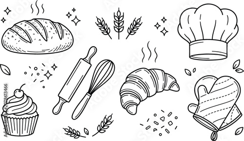 Tableau sur toile Bakery and baking icon set with bread loaf croissant cupcake rolling pin whisk w