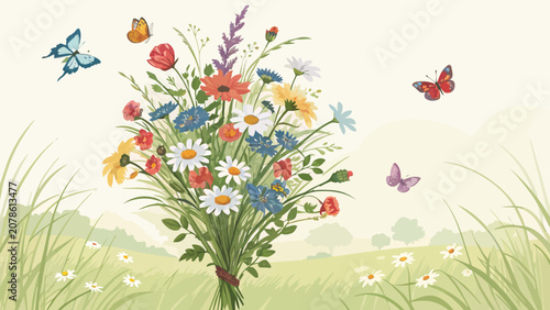 Hand painted wildflower bouquet in meadow with flying butterflies wildflowers watercolor blooming botanical painting colorful sunflower illustration landscape seasonal artistic