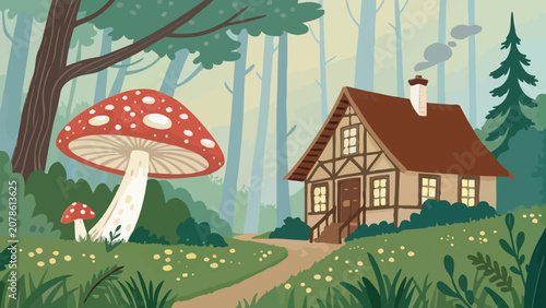 Rustic timber frame house in misty forest with large red toadstool mushroom landscape architecture woodland illustration fairytale building folklore environment peaceful adventure