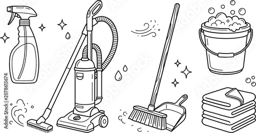 Fotografie Cleaning service tools icon set with vacuum cleaner spray bottle broom dustpan s