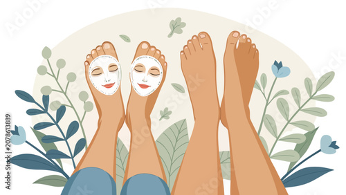 Two people relaxing with feet up wearing facial sheet masks for foot care treatment at home spa skincare treatment wellness lifestyle cosmetic pedicure pampering relaxation selfcare grooming