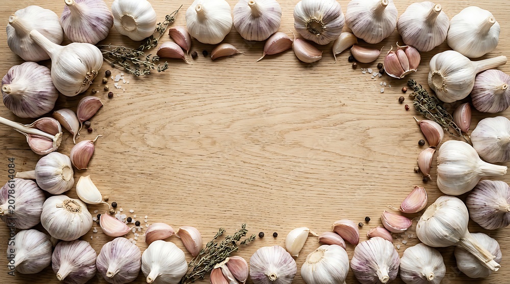 Obraz premium Garlic bulb and clove frame on wooden table