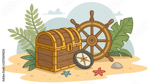 Treasure chest with ship steering wheel and compass illustration treasure adventure nautical tropical starfish exploration illustration elements isolated vacation navigation maritime