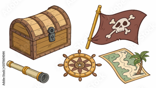 Set of pirate treasures including chest flag map and telescope with treasure telescope spyglass nautical adventure exploration illustration collection isolated navigation maritime