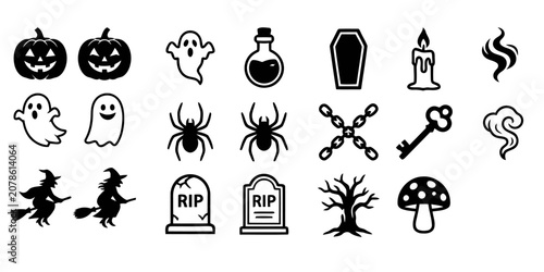 Cuadro en lienzo Halloween icons set including pumpkins ghosts spiders and tombstones
