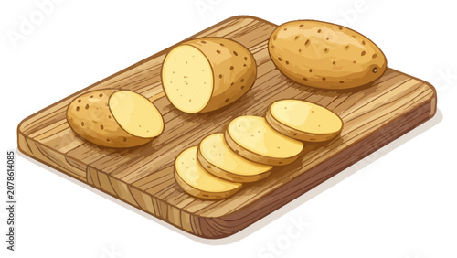 Sliced fresh potatoes on a wooden cutting board with vegetable ingredient nutrition preparation culinary agriculture carbohydrate illustration isolated