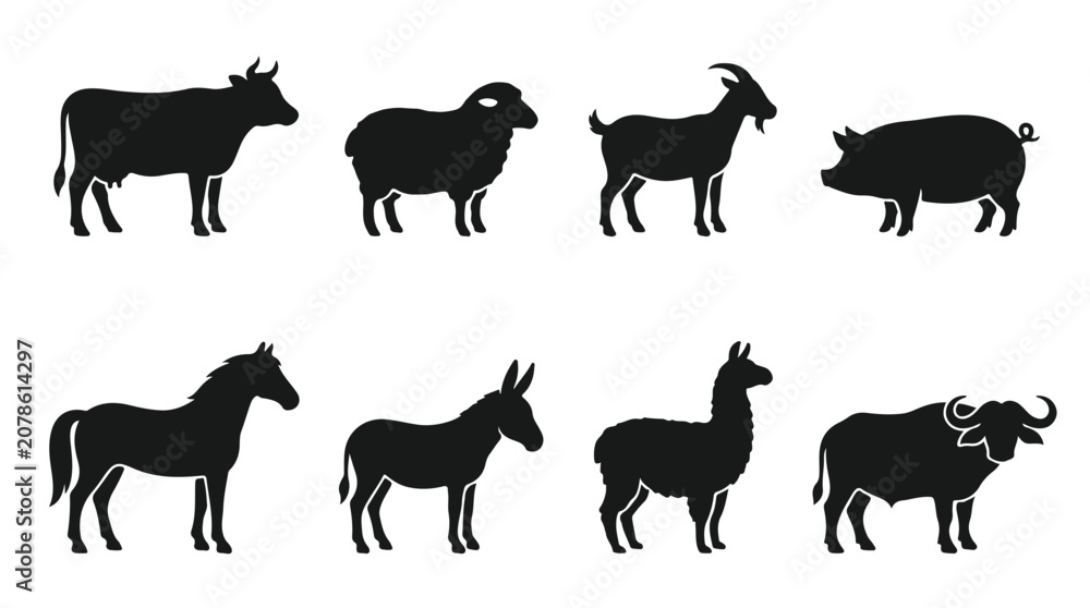 Fototapeta premium Farm animal silhouettes set of 8 vector icons, black livestock profile collection, domestic cattle and horse shapes for butchery or agriculture branding