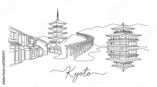 Kyoto city skyline, japan continuous line drawing of famous landmarks including fushimi inari shrine torii gates and traditional japanese pagoda architecture