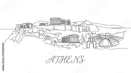 Continuous line drawing of athens skyline, greece minimalist vector illustration of the acropolis and ancient monuments isolated on white background