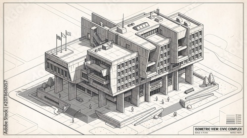 Architectural isometric drawing of a brutalist civic complex building with detailed line work, shading, and structural elements on a vintage paper background