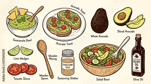 Bild auf Leinwand Hand drawn set in vintage outline illustration style of guacamole bowl with toas