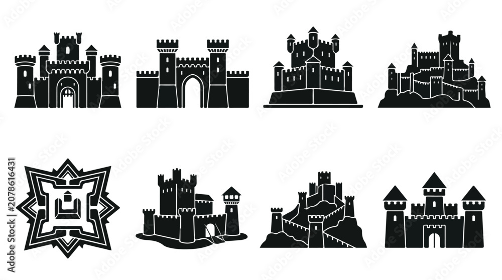 Obraz premium Medieval castle silhouette icons set, ancient fortress and citadel vector collection, 8 black stone palace and star fort symbols for gaming and history