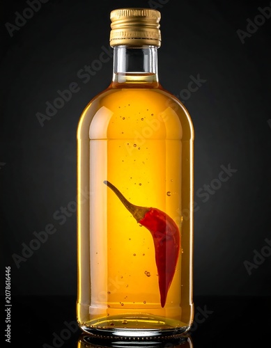A glass bottle of golden liquid with a red chili pepper