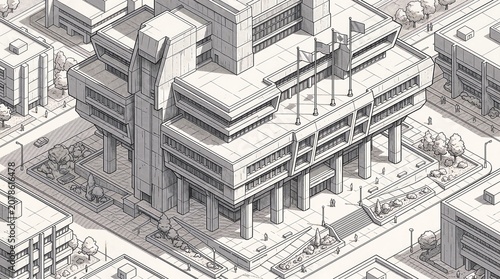 Isometric architectural illustration of a brutalist government building complex with flags and urban landscaping