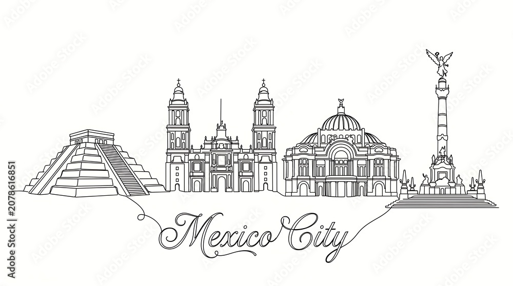 Obraz premium Mexico city skyline, vector illustration famous landmarks including the metropolitan cathedral, palacio de bellas artes, and the angel of independence isolated on white background