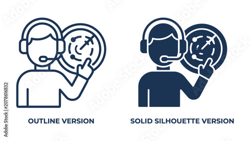 Air Traffic Controller Icons: A set of clean, modern icons representing an air traffic controller, available in both outline and solid silhouette versions.