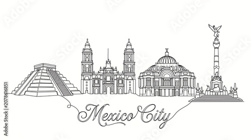Mexico city skyline, vector illustration famous landmarks including the metropolitan cathedral, palacio de bellas artes, and the angel of independence isolated on white background