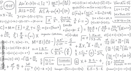 Foto Handwritten mathematical equations and symbols on a white background with a grey