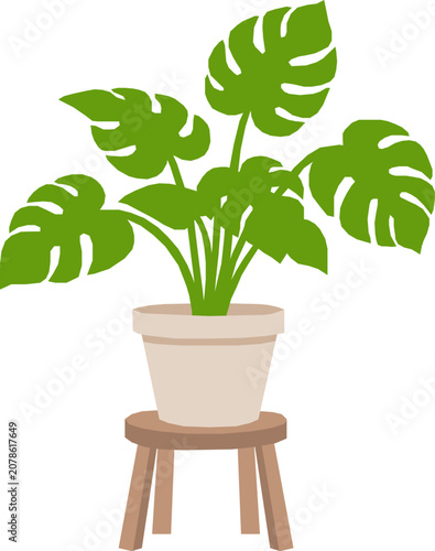 Cute Monstera Houseplant Illustration, Cartoon Pastel Potted Plant on Wooden Stool Vector, Minimalist Indoor Gardening Element Isolated for Home Decor and Comfort Design