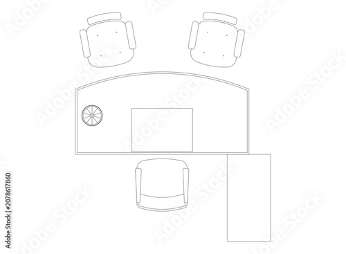 Office furniture layout design plan top view drawing showing modern executive desk with attached side table plus three ergonomic computer swivel chairs.