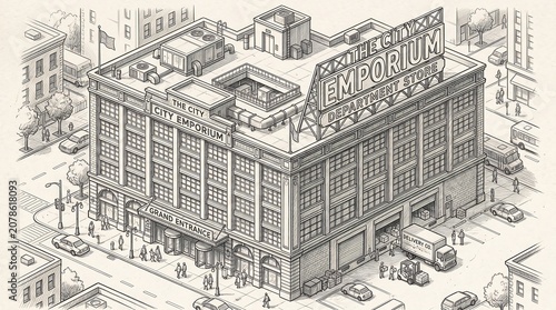 Isometric illustration of a large city department store building with a grand entrance, rooftop signage, and delivery loading dock area in a vintage sketch style
