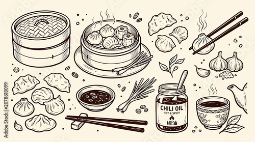 Tableau sur toile Hand drawn set in vintage outline illustration style of steamed dumplings and di