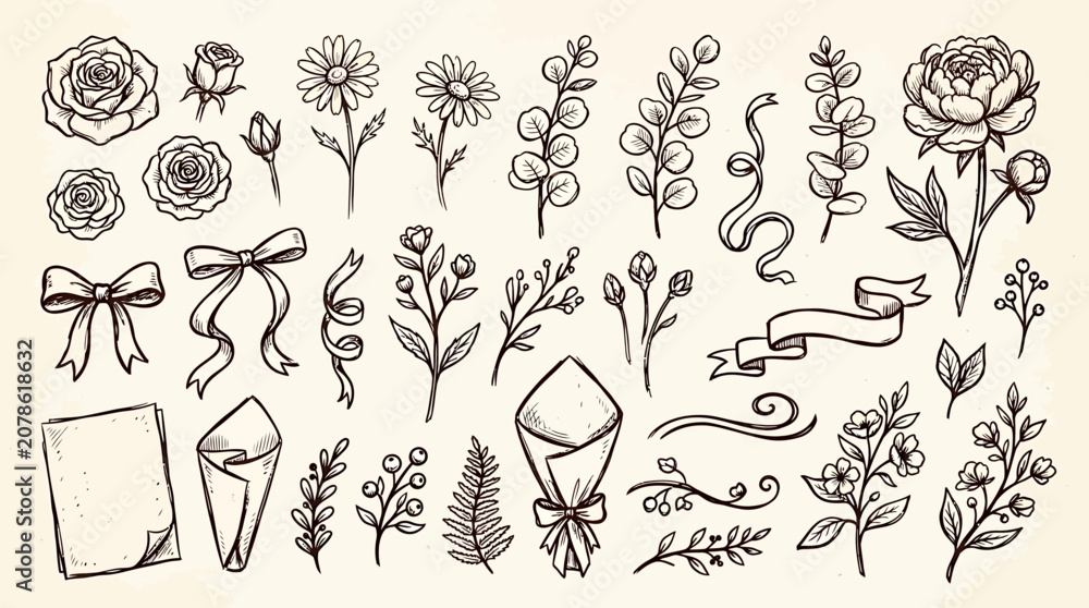 Fototapeta premium Hand drawn vector illustration of various flowers and plants with decorative elements in ink line style on a beige background