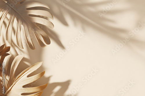 Minimalist luxury beauty clinic background with tropical monstera leaves and soft shadows