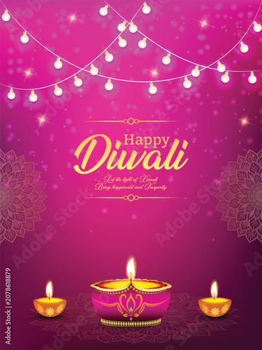 Happy Diwali template with Diya, mandala vector, dim light, light bokeh background, can be used in Diwali invitation, promotion, social media poster template, festive promotional poster design, 