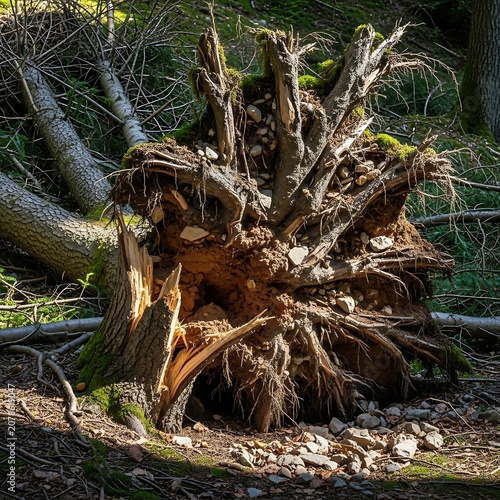 A large, weathered tree stump with exposed roots and moss in a forest setting