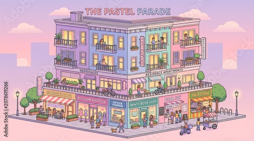 Isometric illustration of a pastelcolored city building with shops on the ground floor and apartments above, featuring people, plants, and a sunset sky