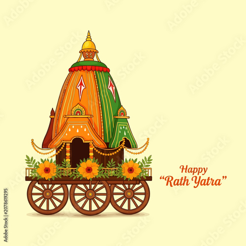 Decorated Rath Yatra Chariot with Flowers and Orange, Green Colors on Yellow Background