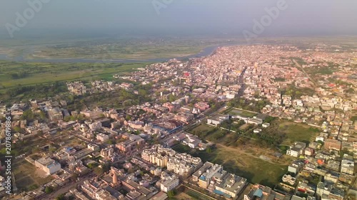 A 360-degree view of the holy city of Vrindavan and the sacred Yamuna River. Taken from a drone at an altitude of 100 meters.