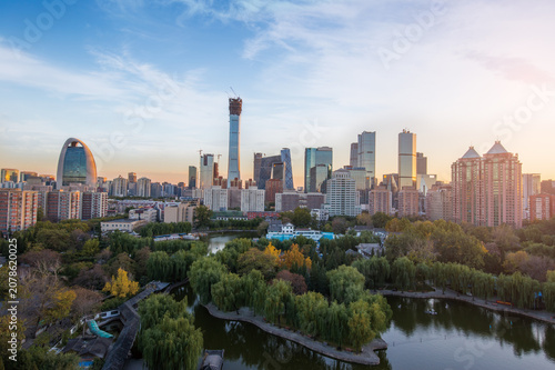 Photography Beijing Skyline at Sunset with Modern Architecture and River