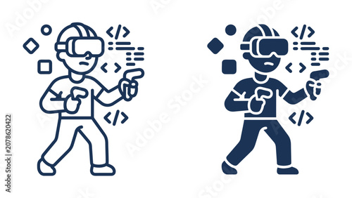 Fotografía Virtual Reality Gamer: A stylized illustration shows a person immersed in virtual reality, wearing a VR headset and holding controllers, surrounded by abstract digital elements and coding symbols
